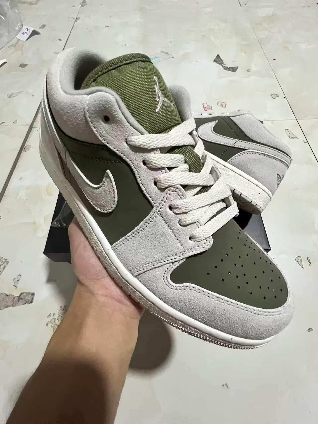 Nike Air Jordan 1 Low Olive Green and Light Gray Lifestyle Sneakers 2