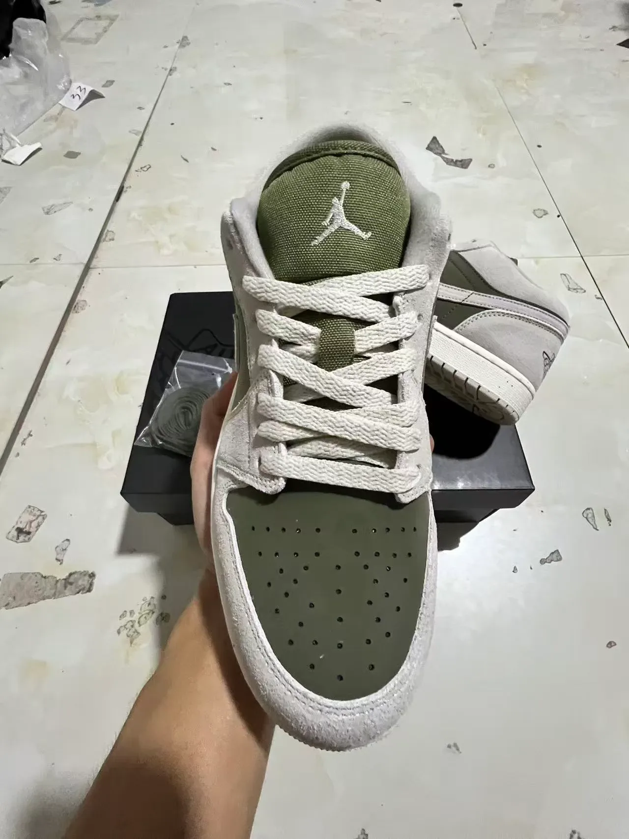 Nike Air Jordan 1 Low Olive Green and Light Gray Lifestyle Sneakers 3