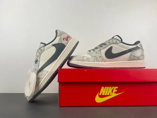Nike Air Jordan 1 Low Snake Print Gray Red Lifestyle Sneakers 14