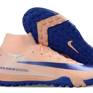 Nike Beige Blue High-Top Sock-Fit Collar Outsole Turf Soccer Shoes