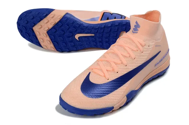 Nike Beige Bleu Chaussures de Football Hautes avec Col de Chaussette et Semelle pour Gazon 2