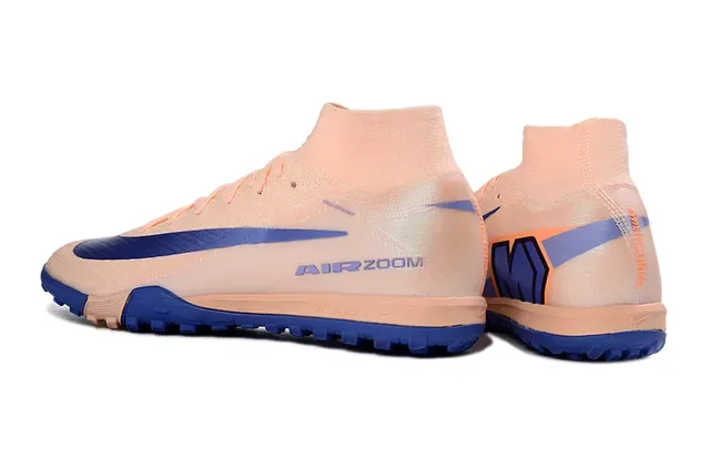 Nike Beige Bleu Chaussures de Football Hautes avec Col de Chaussette et Semelle pour Gazon 3