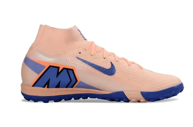 Nike Beige Bleu Chaussures de Football Hautes avec Col de Chaussette et Semelle pour Gazon 4