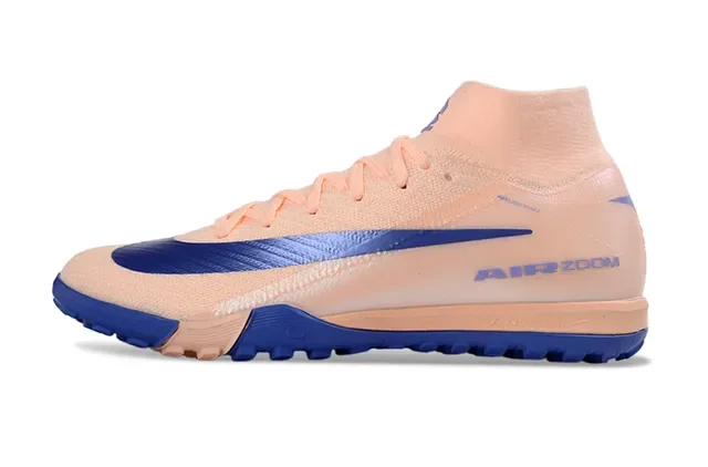 Nike Beige Bleu Chaussures de Football Hautes avec Col de Chaussette et Semelle pour Gazon 5
