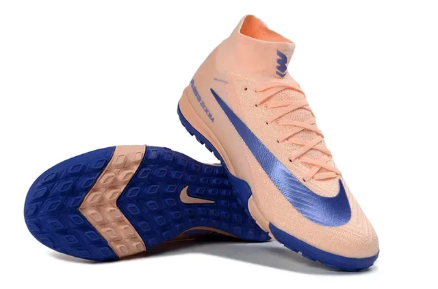 Nike Beige Bleu Chaussures de Football Hautes avec Col de Chaussette et Semelle pour Gazon 6