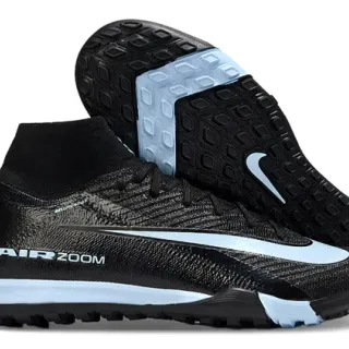 Nike Zapatos de Fútbol Turf Negro y Azul, Cuello de Calcetín, Parte Superior de Tejido Texturizado