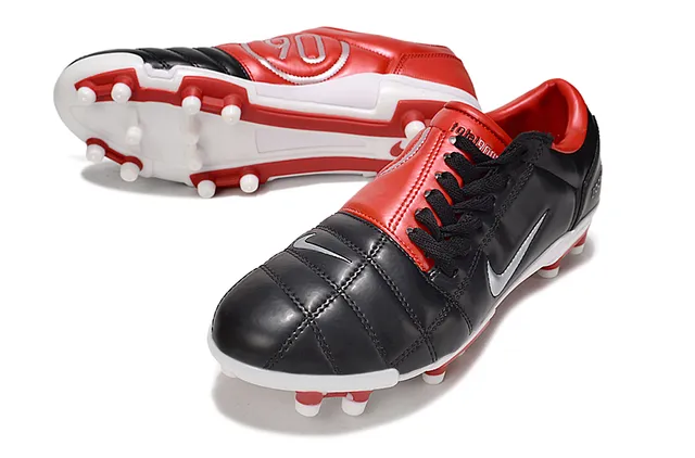 Nike Black Red Quilted Leather Upper Low-Cut Silhouette Firm-Ground Soccer Shoes 5