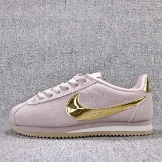 Nike Cortez Pink Gold Suede Upper Metallic Swoosh Lifestyle Sneakers