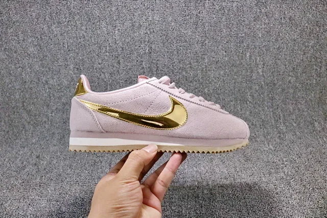 Nike Cortez Pink Gold Suede Upper Metallic Swoosh Lifestyle Sneakers 8