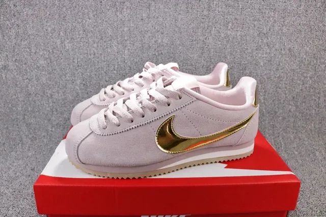 Nike Cortez Pink Gold Suede Upper Metallic Swoosh Lifestyle Sneakers 16