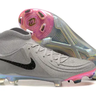 Nike Gray Pink High-Cut Sock-Fit Collar Textured Knit Upper Firm-Ground Soccer Shoes