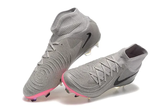 Nike Gray Pink High-Cut Sock-Fit Collar Textured Knit Upper Firm-Ground Soccer Shoes 3