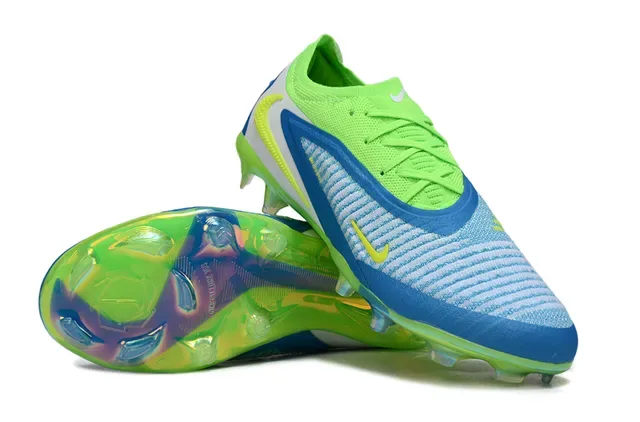 Nike Green Blue Knit Upper Asymmetrical Lacing Firm-Ground Soccer Shoes 3