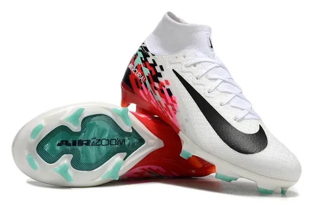 Nike Mercurial Branco e Vermelho Colar Ajuste Meia Superposição Gráfica Pixelada Sapatos de Futebol Solo Firme 3
