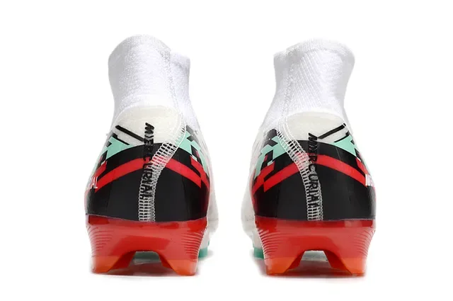 Nike Mercurial Branco e Vermelho Colar Ajuste Meia Superposição Gráfica Pixelada Sapatos de Futebol Solo Firme 4