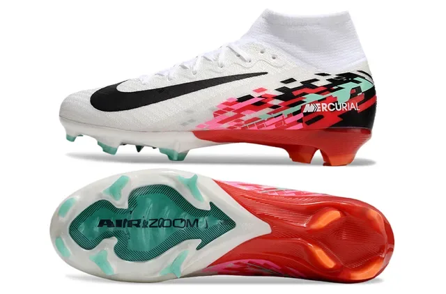 Nike Mercurial Branco e Vermelho Colar Ajuste Meia Superposição Gráfica Pixelada Sapatos de Futebol Solo Firme 5