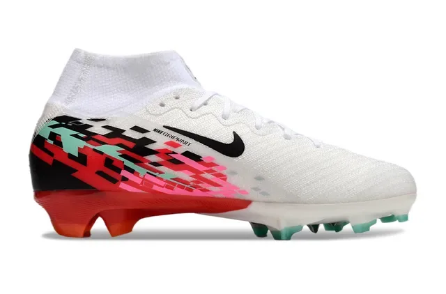 Nike Mercurial Branco e Vermelho Colar Ajuste Meia Superposição Gráfica Pixelada Sapatos de Futebol Solo Firme 7