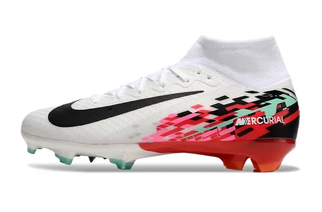 Nike Mercurial Branco e Vermelho Colar Ajuste Meia Superposição Gráfica Pixelada Sapatos de Futebol Solo Firme 8