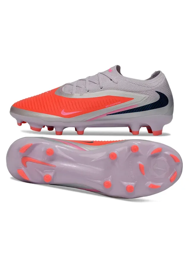 Nike Phantom GT Tênis de Futebol Cinza Laranja Low-Cut Knit Upper Asymmetric Chevron Overlay Campo Firme 2
