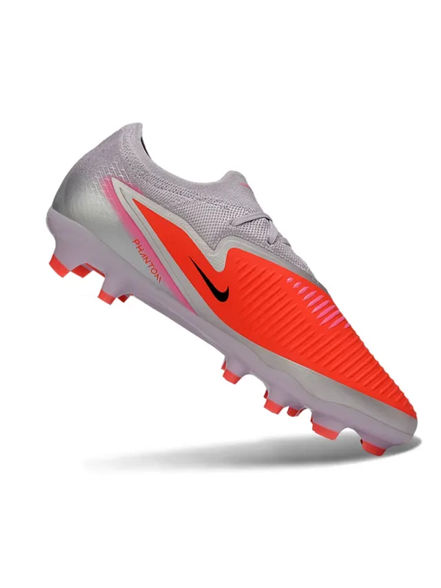 Nike Phantom GT Tênis de Futebol Cinza Laranja Low-Cut Knit Upper Asymmetric Chevron Overlay Campo Firme 4