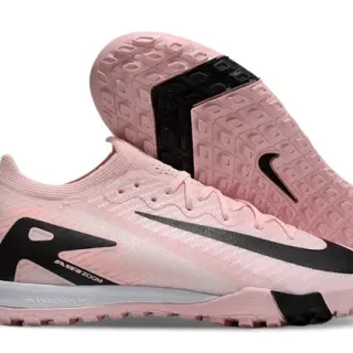 Nike Zapatillas de fútbol con upper de knit rosa y negro, overlays con patrón ondulado para turf