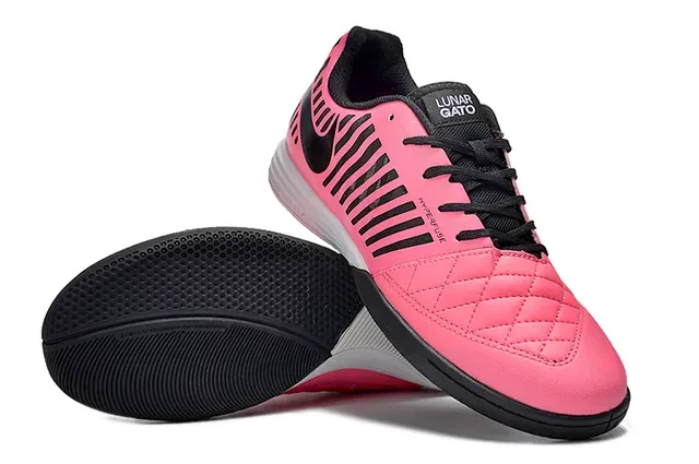 Nike Pink Black Quilted Toe Cap Vertical Cage Stripe Overlay Indoor Soccer Shoes 4