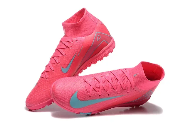 Nike chaussures de football turf haut, tricot, col de cheville intégré, rose et bleu 3