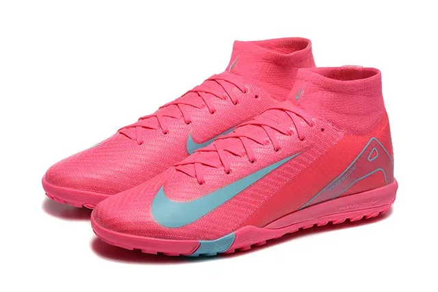 Nike chaussures de football turf haut, tricot, col de cheville intégré, rose et bleu 8