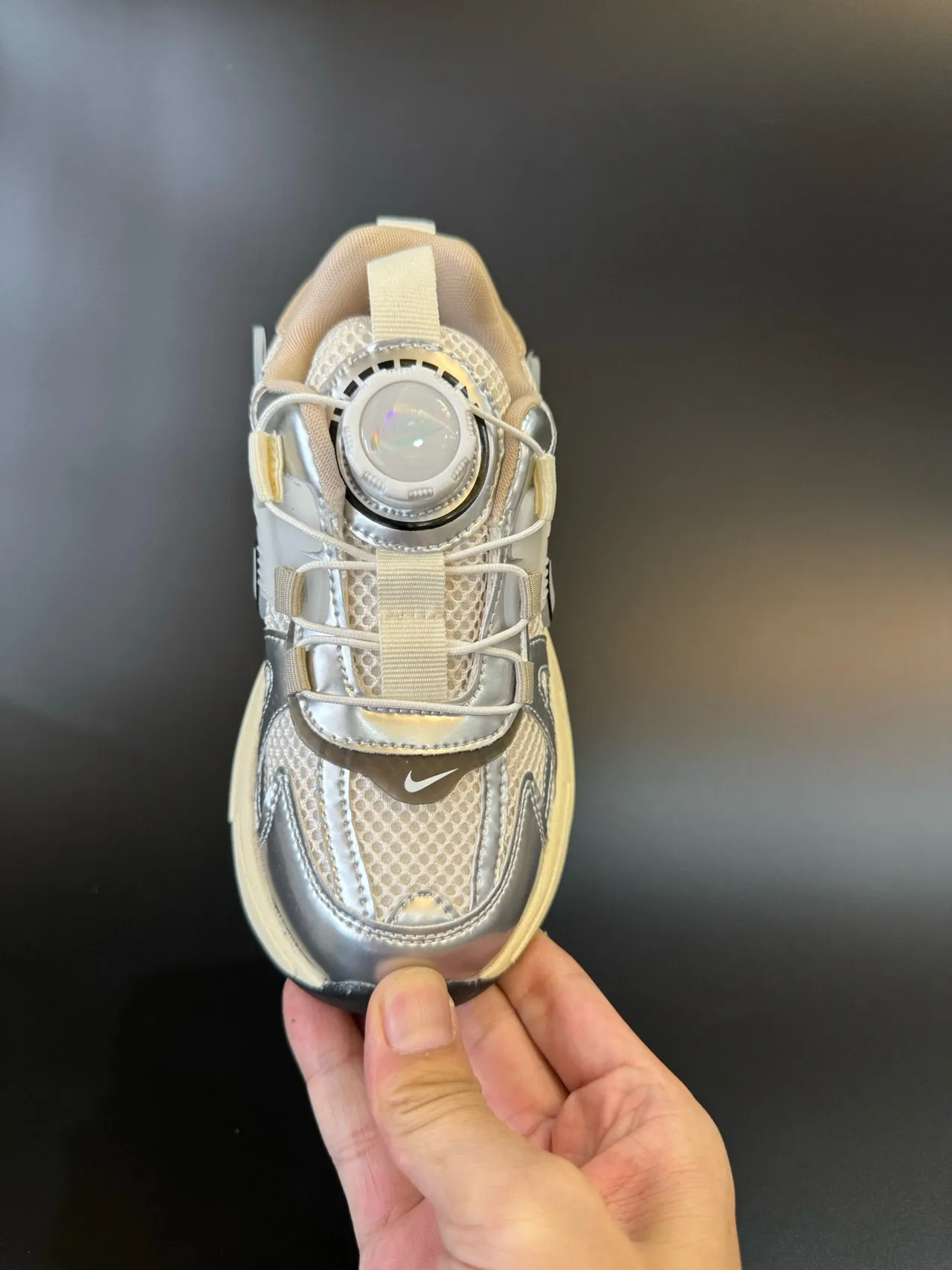 Nike Silver Beige Laceless Dial-Closure System Metallic Mesh Upper Chunky Sneakers 13