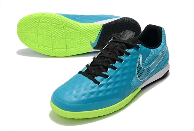 Nike Tiempo Legend Azul Verde Superior Matelassada em Diamante Painel Lateral Perfurado Sapatos de Futebol Indoor 4