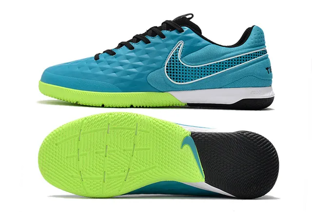Nike Tiempo Legend Azul Verde Superior Matelassada em Diamante Painel Lateral Perfurado Sapatos de Futebol Indoor 6
