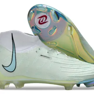 Nike White Blue High-Cut Sock-Fit Upper Iridescent Holographic Sole Firm-Ground Soccer Shoes
