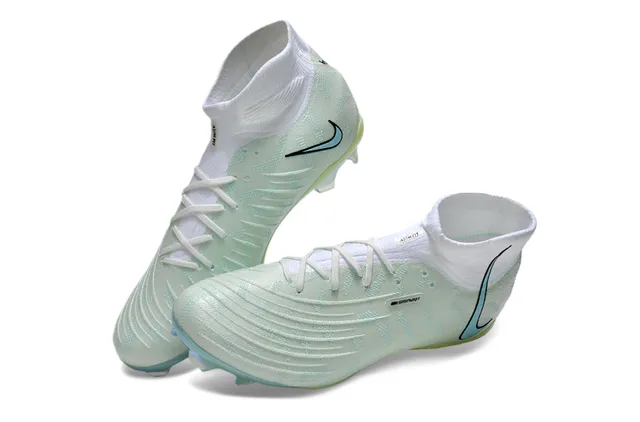Nike White Blue High-Cut Sock-Fit Upper Iridescent Holographic Sole Firm-Ground Soccer Shoes 2