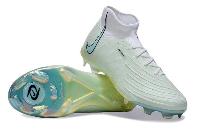 Nike White Blue High-Cut Sock-Fit Upper Iridescent Holographic Sole Firm-Ground Soccer Shoes 5