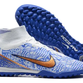 Nike White Blue High-Top Patterned Synthetic Upper Turf Soccer Shoes