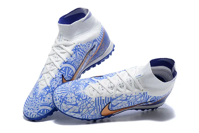 Nike White Blue High-Top Patterned Synthetic Upper Turf Soccer Shoes 2