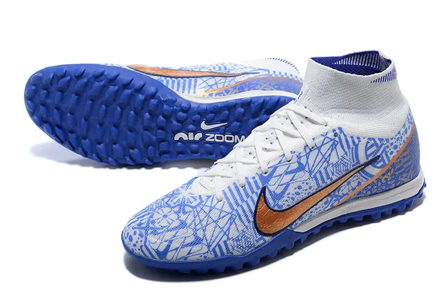Nike White Blue High-Top Patterned Synthetic Upper Turf Soccer Shoes 7