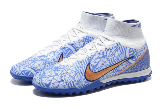 Nike White Blue High-Top Patterned Synthetic Upper Turf Soccer Shoes 8