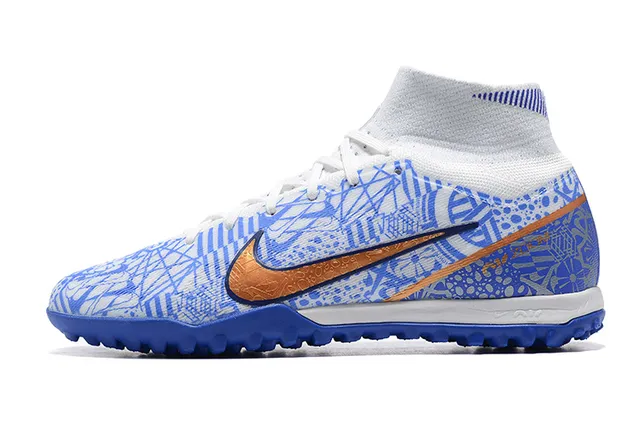 Nike White Blue High-Top Patterned Synthetic Upper Turf Soccer Shoes 10