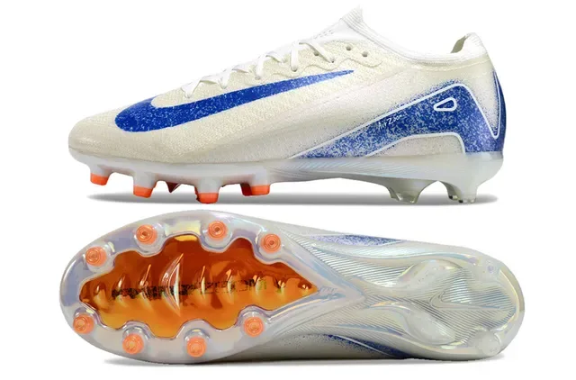 Nike Chaussures de Football Blanc Bleu Bas-Coupé Supérieure Tricô Semelle Iridescente Translucida Firm-Ground 5