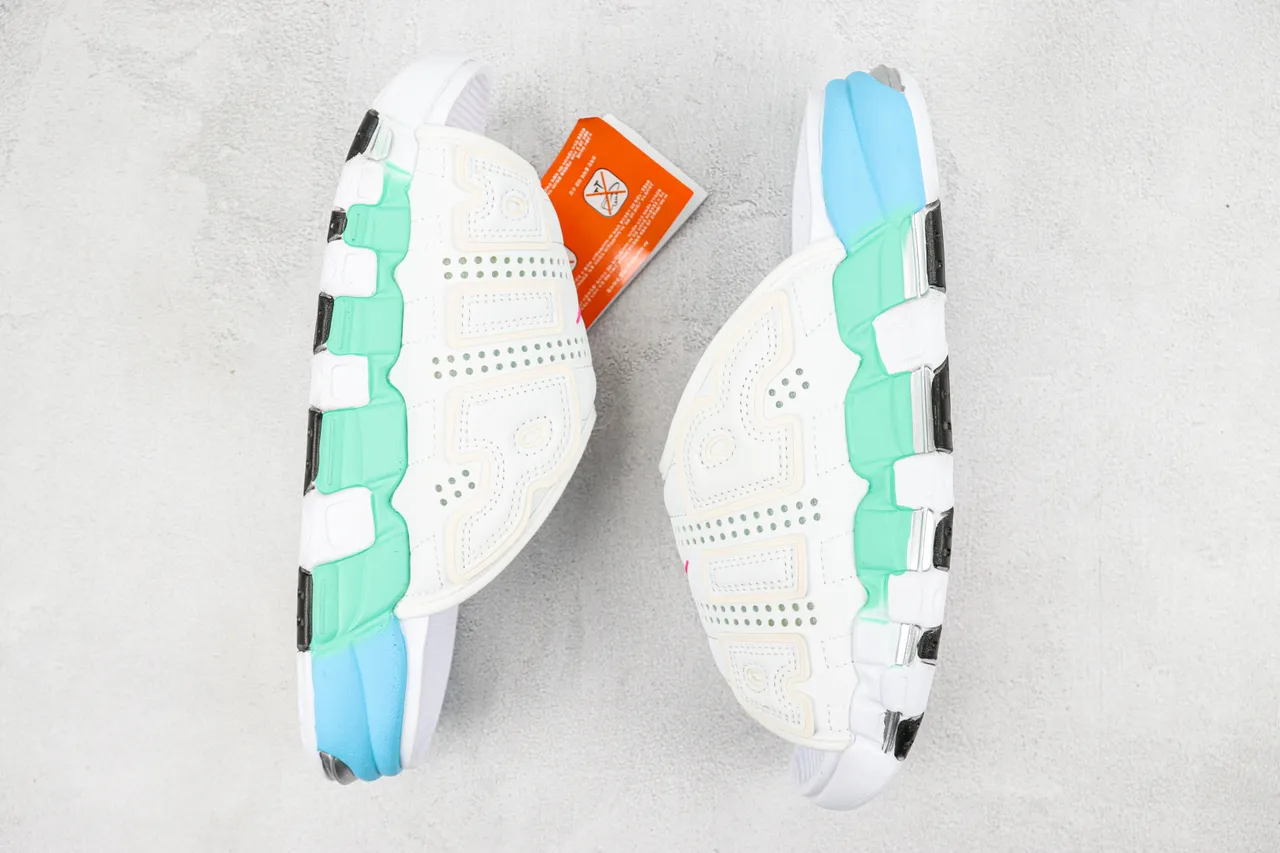 Nike White Blue Oversized AIR Logo Perforated Leather Upper Slippers 2