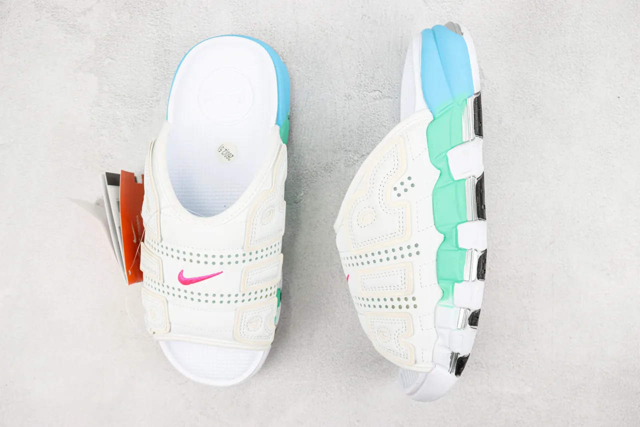 Nike White Blue Oversized AIR Logo Perforated Leather Upper Slippers 3