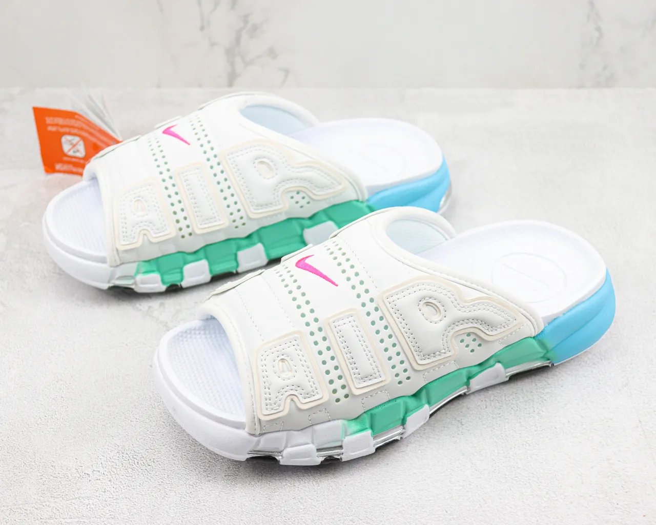 Nike White Blue Oversized AIR Logo Perforated Leather Upper Slippers 4