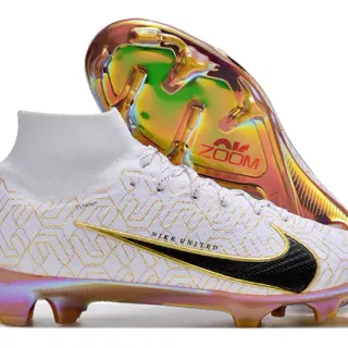 Nike White Gold High-Cut Flyknit Upper Iridescent Soleplate Firm-Ground Soccer Shoes