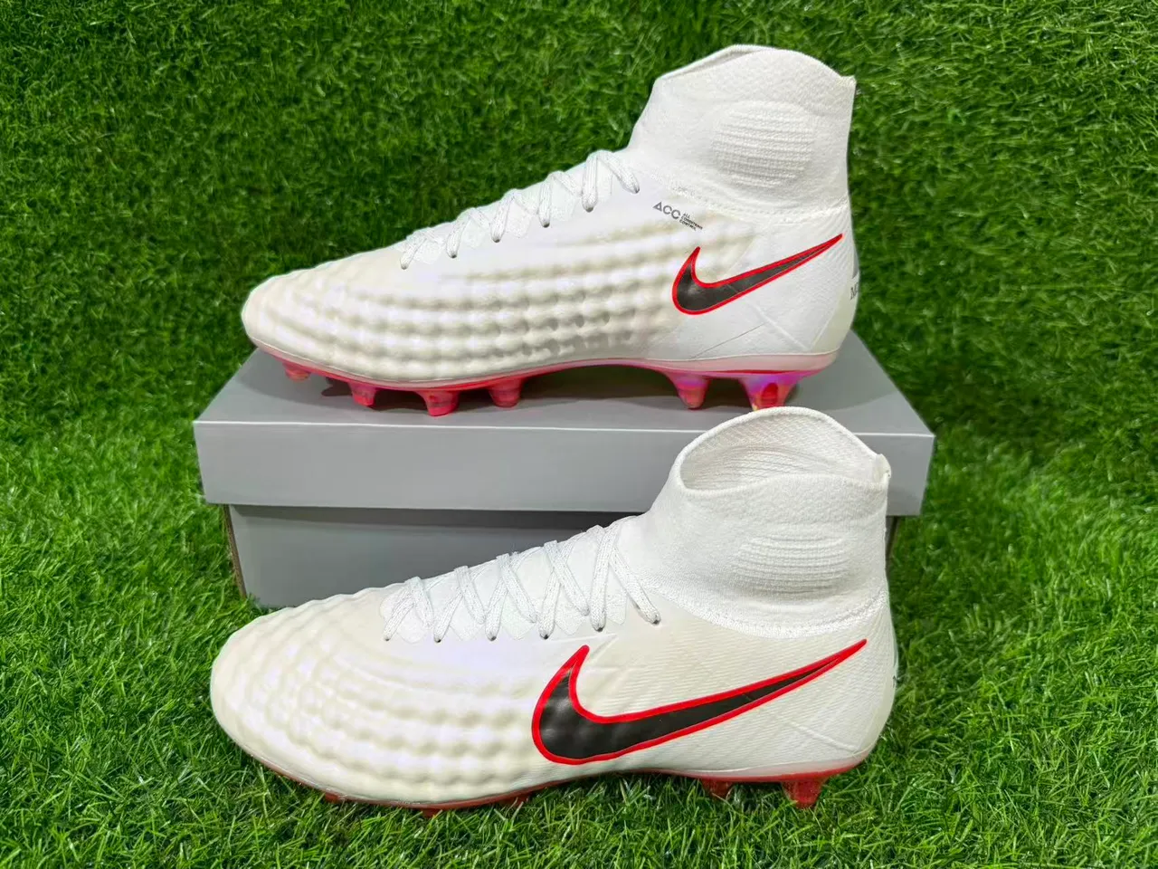Nike White Red High-Top Sock-Fit Textured Quilted Upper Firm-Ground Soccer Shoes 8