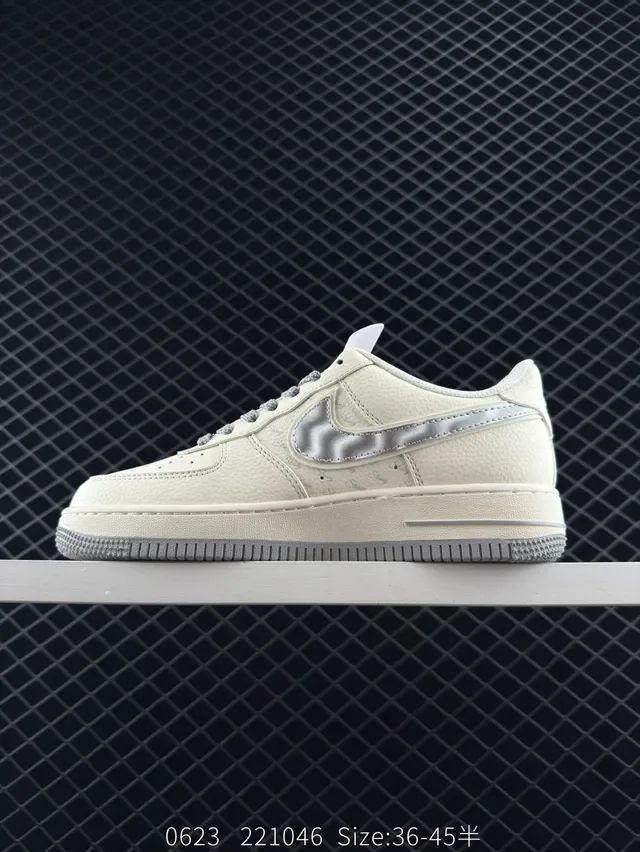 Nike x Stussy Air Force 1 Beige Silver Textured Leather Lifestyle Sneakers 5