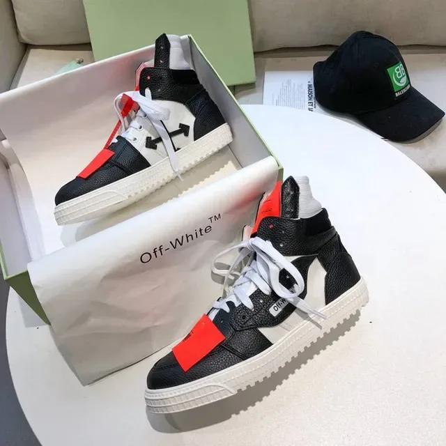 Off-White Diagonal Arrow High-Top Preto Branco Vermelho Tênis Lifestyle 7