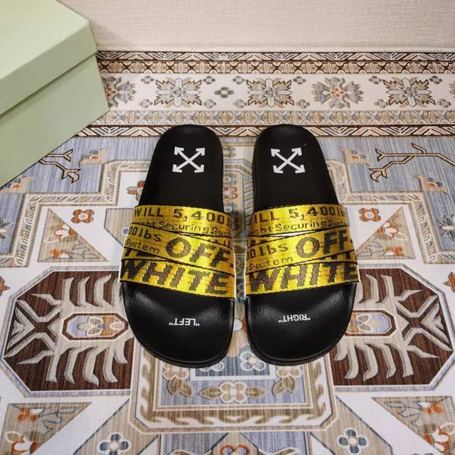 Off-White Slide Preto e Amarelo Alça Industrial Sandálias 4