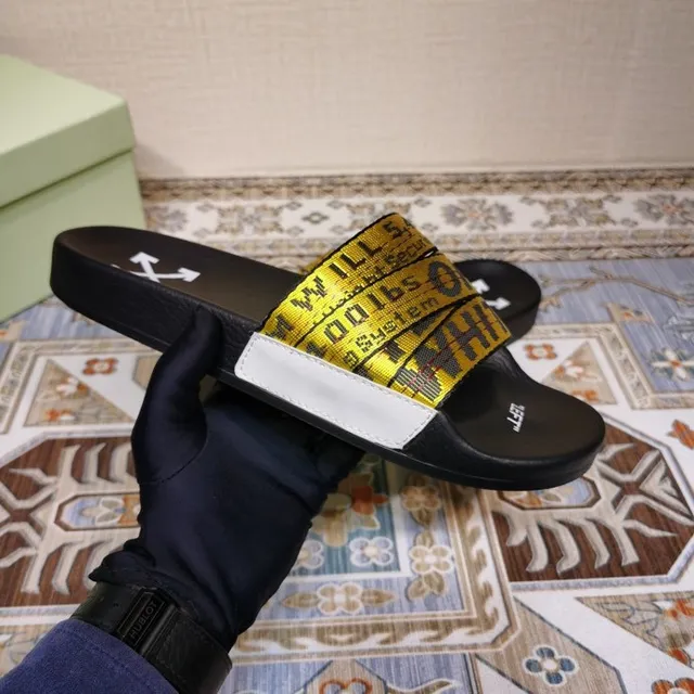 Off-White Slide Preto e Amarelo Alça Industrial Sandálias 6