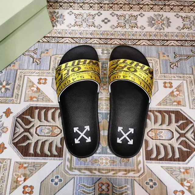 Off-White Slide Preto e Amarelo Alça Industrial Sandálias 8